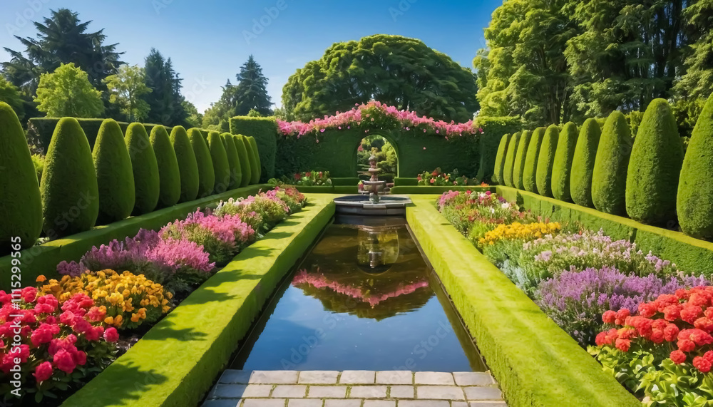 Obraz premium A meticulously landscaped formal garden with a central reflecting pool. The garden is characterized by symmetrical hedges, topiary, and flower beds. The scene is bathed in bright sunlight