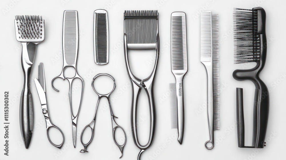 A collection of hairdressing tools arranged neatly for professional use. A collection of hairdressing tools arranged neatly for professional use.