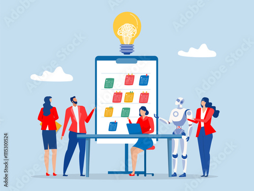 Business people in workshop meeting room with whiteboard and sticky notes,  business discussion, meeting, brainstorm new idea, training course class, Q and A, question and answer vector