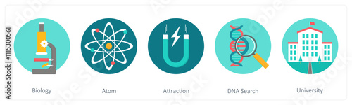 A set of 5 education icons as biology, atom, attraction
