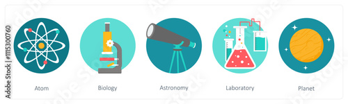 A set of 5 education icons as atom, biology, astronomy