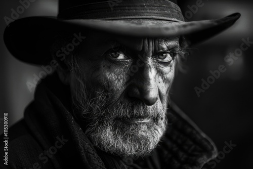 A close-up portrait of a man with intense gaze, rugged skin, and dark fabric draping over his head, conveying a deep emotional expression in a stark black and white setting