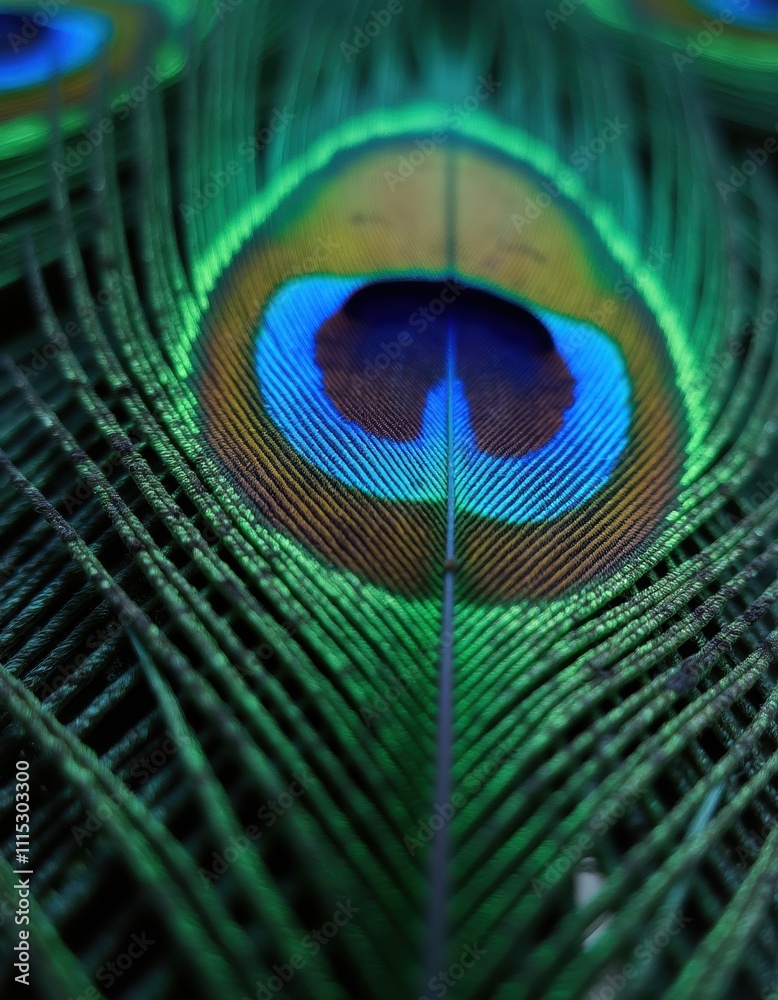 Naklejka premium A vibrant display of peacock feathers, showcasing their iridescent colors and intricate patterns.