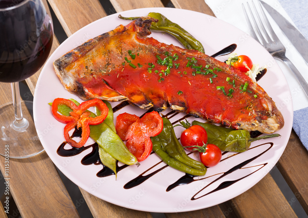 Lamb ribs with hot tomato sauce, roasted chili pepper, balsamic and fresh vegetables Lamb ribs with hot tomato sauce, roasted chili pepper, balsamic and fresh vegetables