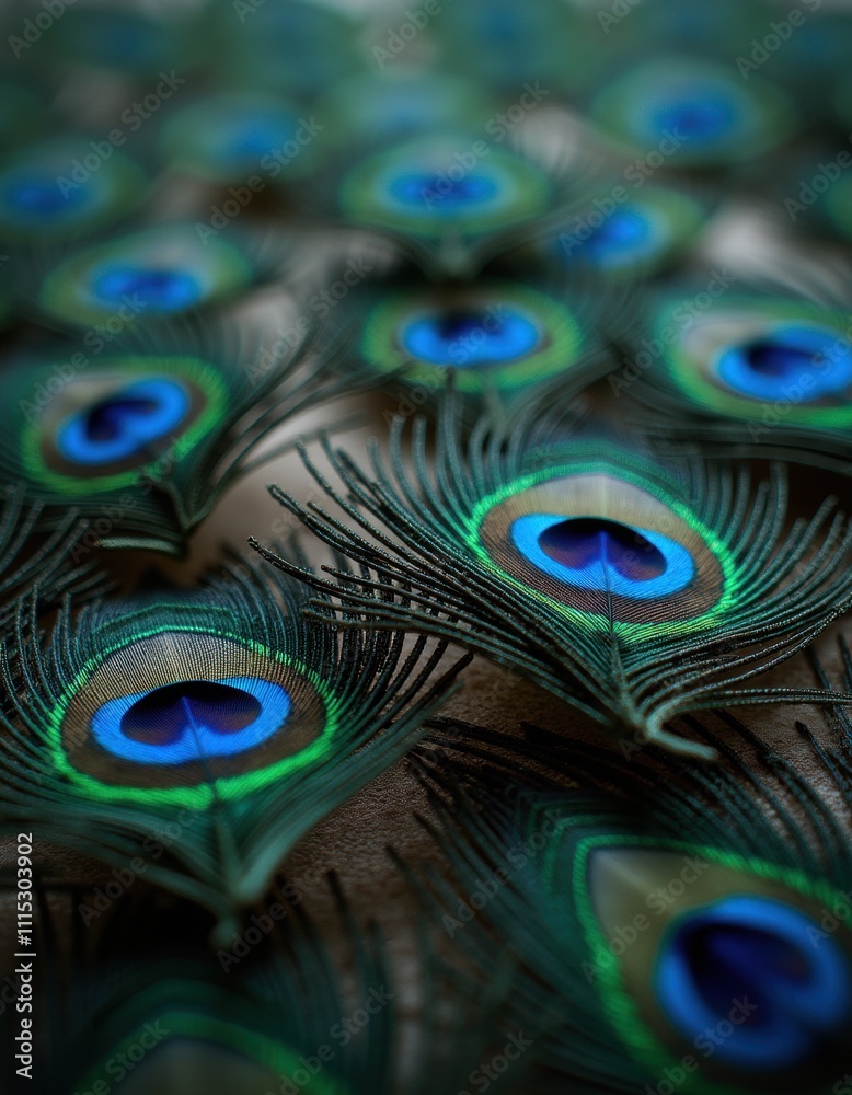 Obraz premium A vibrant display of peacock feathers, showcasing their iridescent colors and intricate patterns.