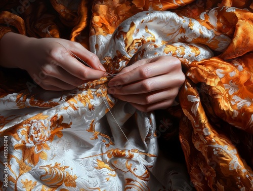 A close-up of hands sewing intricate fabric with orange and white patterns. photo