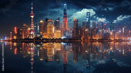 Wallpaper Mural Shanghai Skyline at Night with Reflections Torontodigital.ca