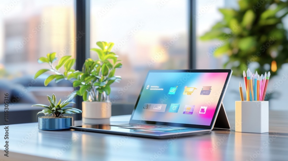 e-commerce and retail concept. Modern workspace with laptop, plants, and colorful stationery, creating vibrant atmosphere e-commerce and retail concept. Modern workspace with laptop, plants, and colorful stationery, creating vibrant atmosphere