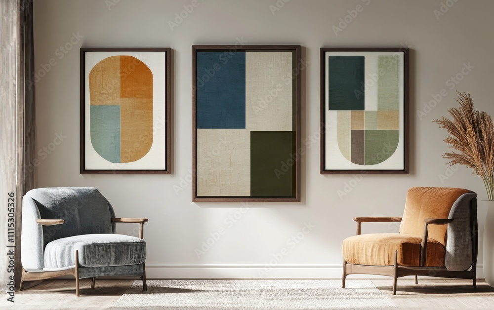 Fototapeta premium Three abstract geometric vector art posters in wooden frames hang on the wall, each featuring a color palette of blue, green, brown, beige, and gray. 