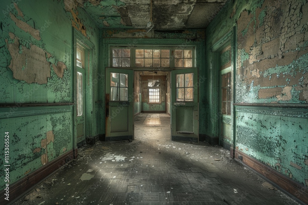Obraz premium A dimly lit, abandoned hallway with cracked walls and a faded checkered floor, showcasing remnants of neglect in a once-grand building