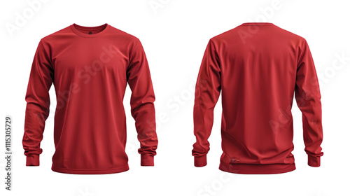 Long sleeve plain red t-shirt mockup, with front and back views isolated on a transparent background