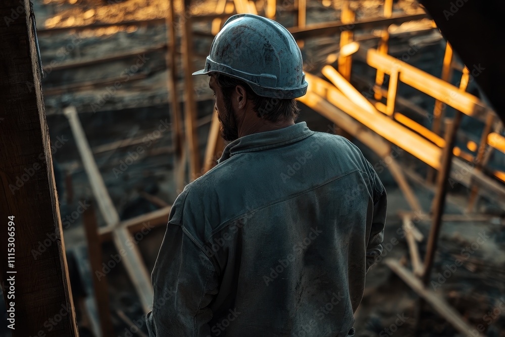 Fototapeta premium Rustic foreman overseeing a rural barn construction site, bathed in natural light and earthy tones.