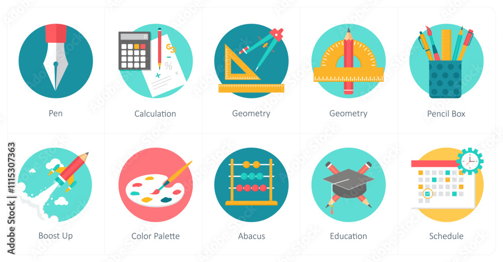 Fototapeta premium A set of 10 education icons as pen, calculation, geometry