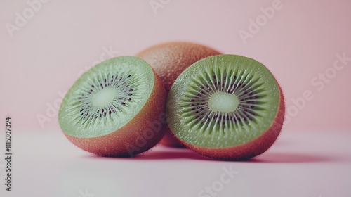 Close-up of two halved kiwi fruits on a pastel pink background. photo