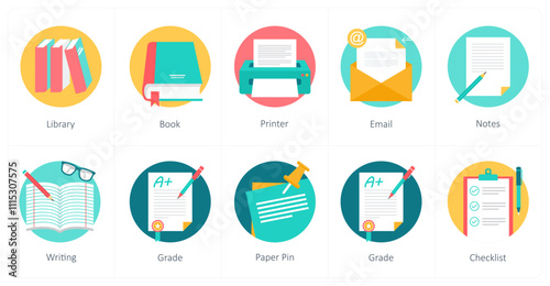 A set of 10 education icons as library, book, printer