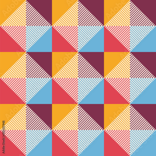 Seamless geometric vector colorful pattern with triangles. Color geometric vector pattern. Striped triangles pattern. Color rhombuses pattern. Vector geometric color background.