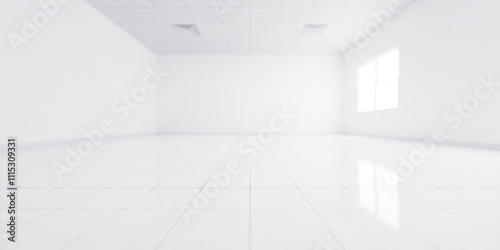 Fototapeta Naklejka Na Ścianę i Meble -  3d rendering of blur background or blur white empty space in room include tile floor in perspective view, light of window. Modern luxury interior home design of living room look clean, bright, shiny.