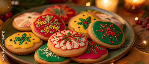 Wallpaper Mural A delightful close-up of a plate of glazed Christmas cookies featuring vibrant colors and festive designs, placed on a table adorned with seasonal decorations and soft candlelight. Torontodigital.ca