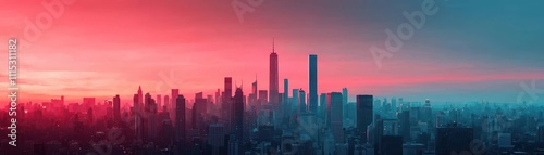 Breathtaking Urban Skyline at Sunset with Vibrant Colors Over Cityscape and Skyscrapers in the Background