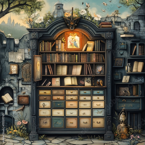 Vintage bookshop facade with magical atmosphere, antique drawers and floating books in twilight