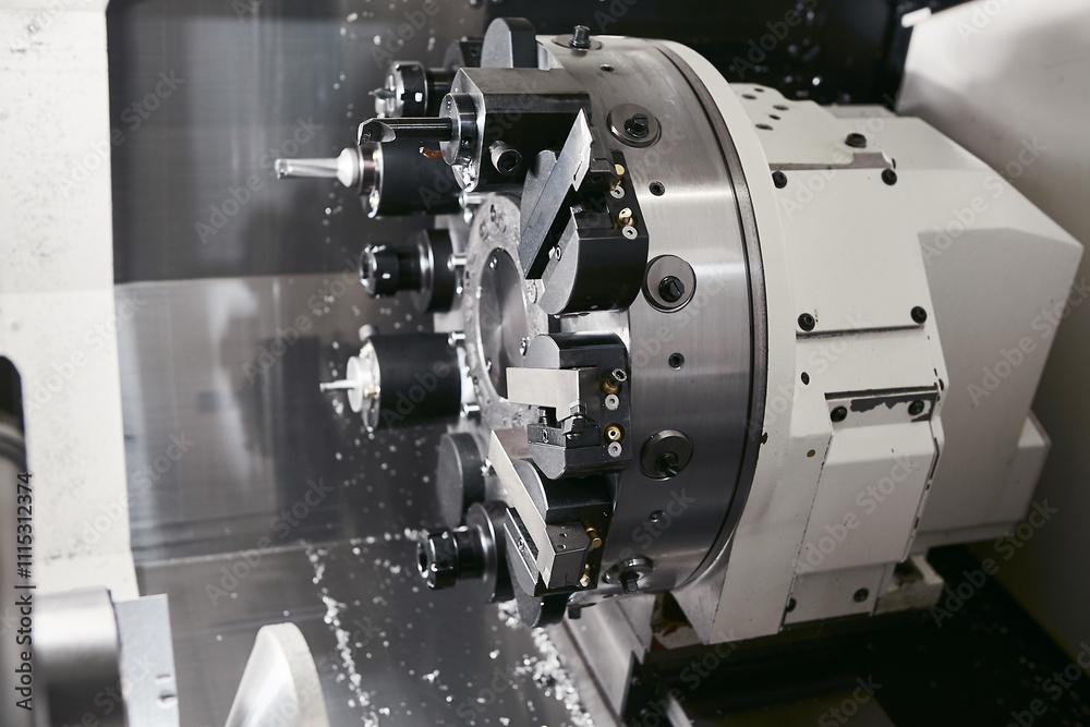 CNC turn mill machine chamfer cutting the metal shaft parts. The hi-technology metal working processing by Computer Numerical Control machine. CNC turn mill machine chamfer cutting the metal shaft parts. The hi-technology metal working processing by Computer Numerical Control machine.
