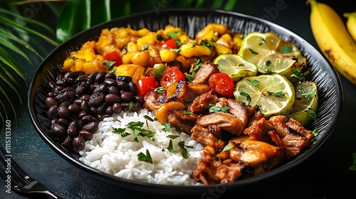 Delicious and colorful bowl with rice, beans, grilled meat, mango salsa, and lime wedges. photo