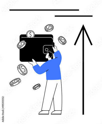 Person in blue shirt holding giant wallet while coins float around, beside an upward arrow. Ideal for financial growth, savings, investments, budgeting, banking, money management wealth. Line