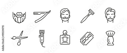 Barbershop and grooming icons. 10 barbershop and grooming trendy minimal icons. Barber Pole, Beard, Razor icon. Design signs for web page, mobile app, packaging design. Vector illustration