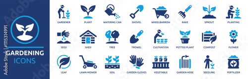 Gardening icon set. Containing plant, gardener, sprout, leaf, planting, seedling, shovel, watering can, rake, cultivation and more. Solid vector icons collection.