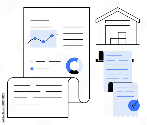 Documents with graphs and charts, a warehouse building, and receipts. Ideal for data analysis, inventory management, financial reporting, business operations, and logistics. Clean modern style