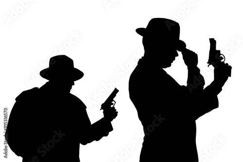 Retro detective silhouettes with hats and guns