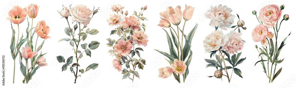 Obraz premium PNG Vintage flower illustration set on transparent background