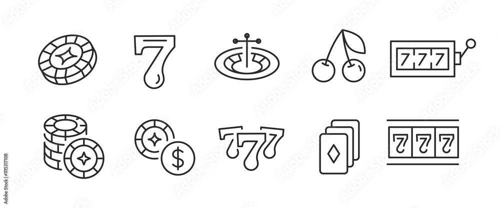 Fototapeta premium Casino icons. Set of 10 trendy minimal casino icons including Slot Machine, Dice, Cards, and Chips icon. Design elements for web page, mobile app, and gaming interface design. Vector illustration.