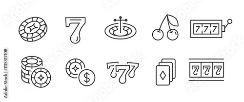 Casino icons. Set of 10 trendy minimal casino icons including Slot Machine, Dice, Cards, and Chips icon. Design elements for web page, mobile app, and gaming interface design. Vector illustration.