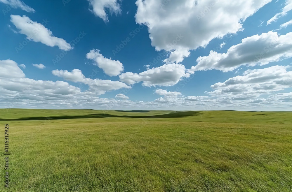 Obraz premium A vast grassland under a blue sky with fluffy white clouds in Inner Mongolia, showcasing the natural beauty and expansive landscape, perfect for a peaceful and tranquil outdoor setting.