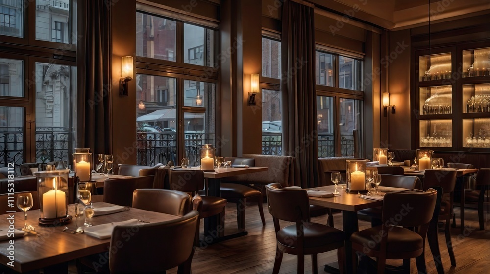 Fototapeta premium dining room in a restaurant with a night atmosphere, a restaurant with candle interior on each table, and a cinematic urban view, generative ai