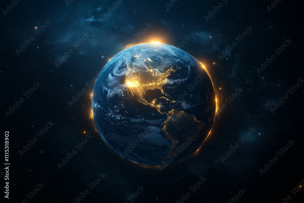 Obraz premium A stunning image of Earth from space with a glowing horizon, showcasing illuminated continents and the deep expanse of the cosmos, symbolizing global connection and universal beauty