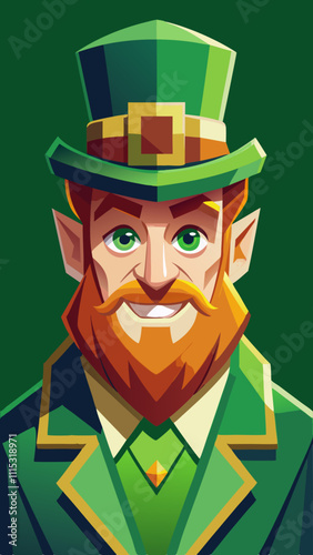 Cartoon leprechaun with a mischievous grin against a green background.