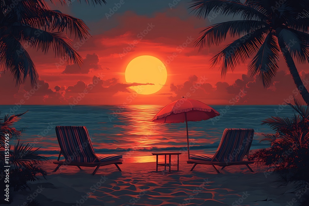 Fototapeta premium Summer holidays background. Sunset View Poster. Vector beach resort wallpaper. 