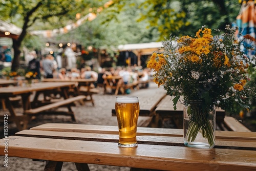 Refreshing Beer in Beer Garden with Vibrant Flowers on Table