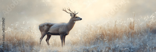 A sika deer/elk/deer/moose walking in a winter forest, looking towards the camera. winter, forest, nature, white, commercial, poster, background, wallpaper, basemap photo