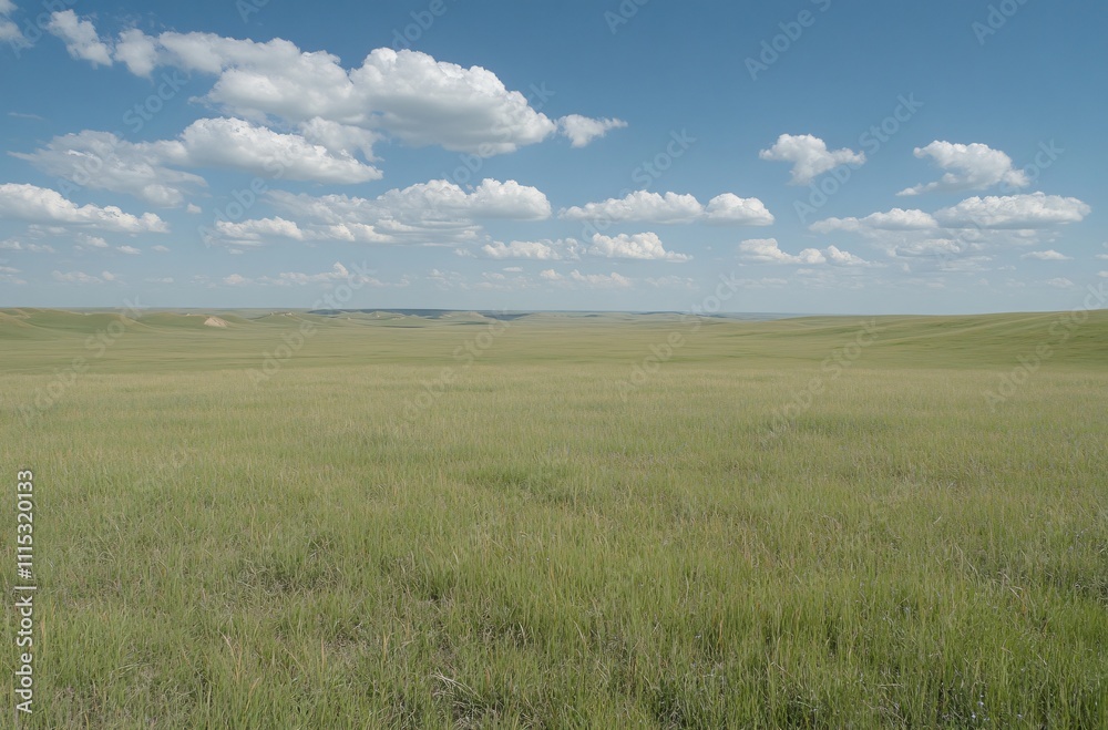 Fototapeta premium A vast grassland under a blue sky with fluffy white clouds in Inner Mongolia, showcasing the natural beauty and expansive landscape, perfect for a peaceful and tranquil outdoor setting.