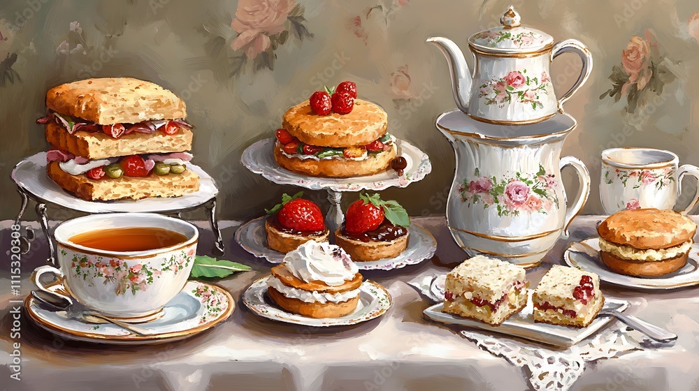 Fototapeta premium Elegant afternoon tea setting with sandwiches, scones, pastries, teapot, and teacups on a table.