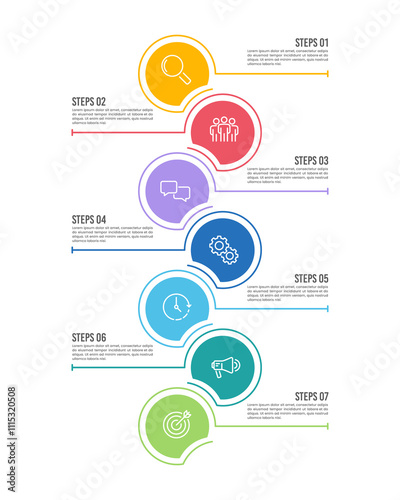 Vertical infographic with 7 colorful circles to success. Presentation, Banner, Brochure and Plan. Vector illustration.