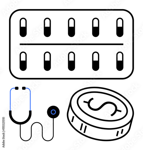 Pills in blister pack, stethoscope, and coin with dollar sign highlight medical costs. Ideal for healthcare finance, insurance, pharmacy, treatment, health policy, medical consultation research