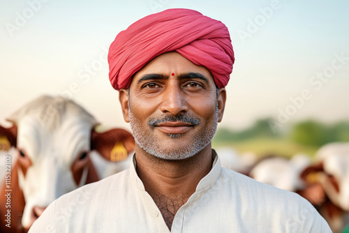 Indian man in bustling rural market, surrounded by cows, showcasing vibrant everyday life and livestock culture in India photo