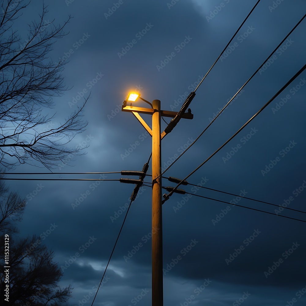 Landscape photograph featuring a wooden utility with wires and light on street, dark night with spart of utility lightbulb