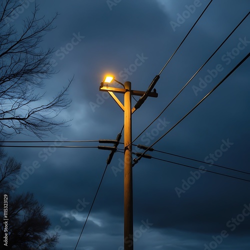 Obraz na płótnie Landscape photograph featuring a wooden utility with wires and light on street, dark night with spart of utility lightbulb w salonie
