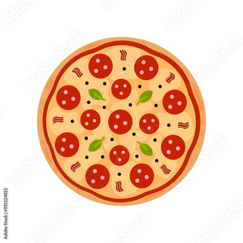 Vector whole tasty pizza italian fast food. Salami, peperoni. Delivery service fast food. Element illustration on white background. Top view.
