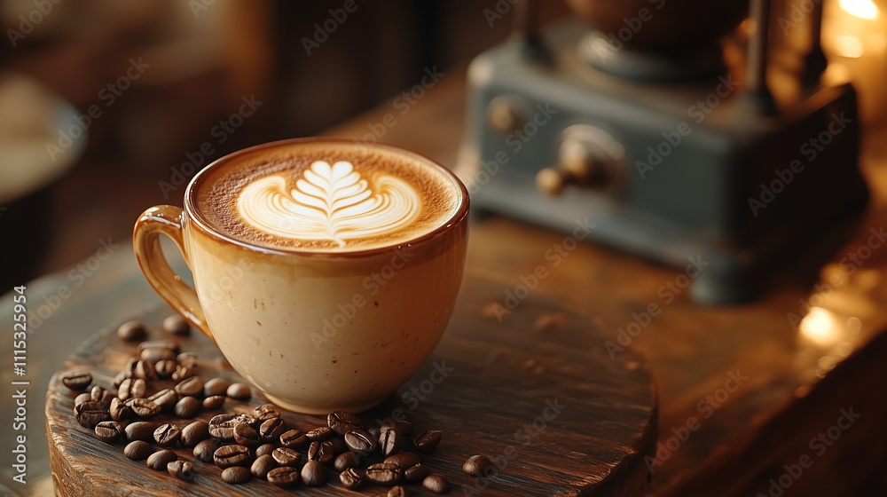Latte Art Coffee in Cozy Cafe Setting. Latte Art Coffee in Cozy Cafe Setting.